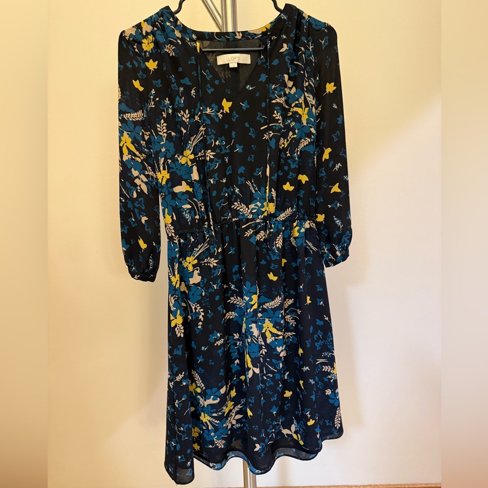 LOFT Black Dress with Blue and Yellow Floral Design